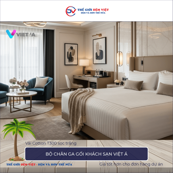 Bộ chăn ga gối khách sạn Việt Á vải Cotton T300 sọc trắng 7